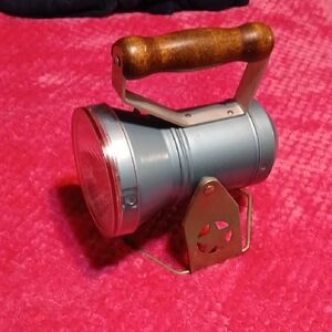 Vintage Blue Railroad Flashlight with Wooden Handle